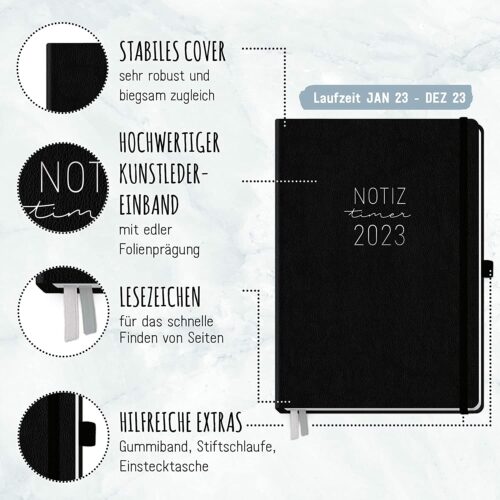 Chäff Wochen-Notiz-Kalender 2023 A4 [Schwarz] Wochenplaner, Notiz-Timer, Terminplaner, Wochenkalender
