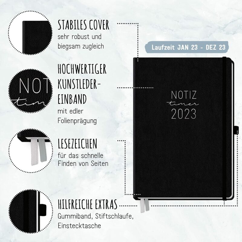 Chäff Wochen-Notiz-Kalender 2023 A4 [Schwarz] Wochenplaner, Notiz-Timer, Terminplaner, Wochenkalender